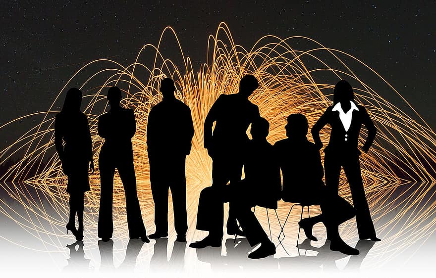 empresários, pessoal, silhueta, fogos de artifício, foguete, dia de Ano Novo, Véspera de Ano Novo, silvestre, volta do ano, véspera, meia noite
