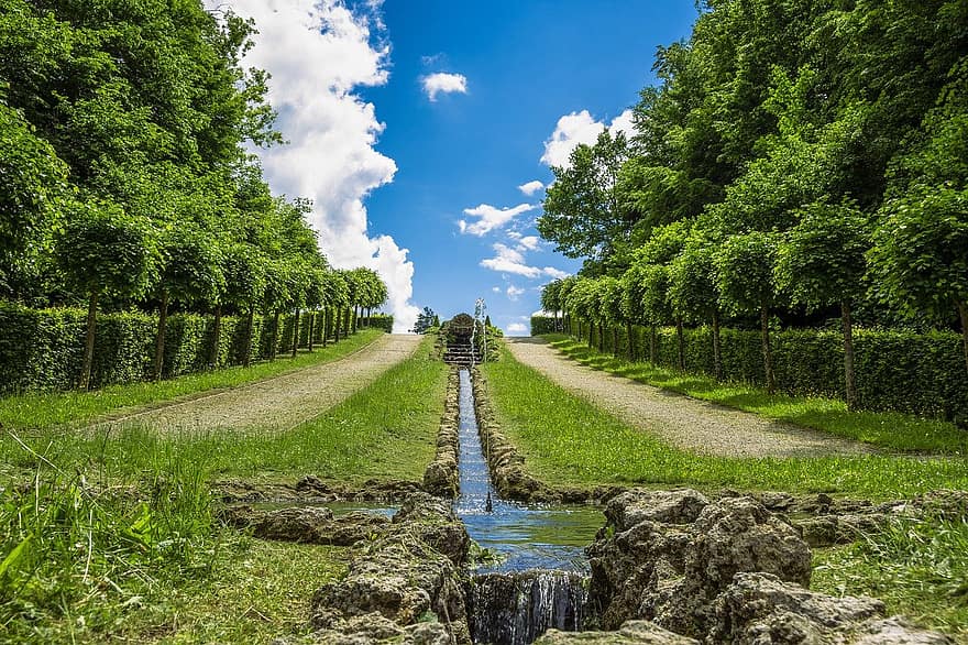 cobertura, piedras, parque, agua, horizonte, nubes, Ermita Bayreuth, sol de medio día, naturaleza, verano, color verde