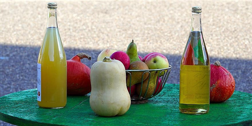 Sari apel, musim gugur, labu, botol, kesegaran, buah, minum, makanan, warna hijau, musim panas, alkohol