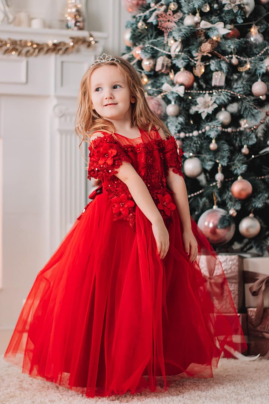 παιδί, κορίτσι, Χριστούγεννα, κόκκινο φόρεμα, φόρεμα, μόδα, χαμόγελο, Παιδική ηλικία, νέος, χαριτωμένος, στάση