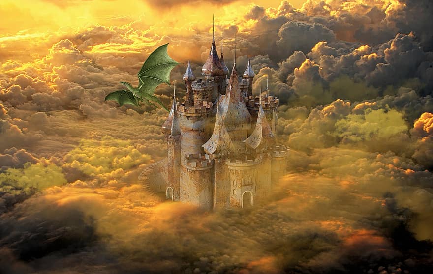dragon, Château, fantaisie, la magie, mystique, Conte de fée, rêver, mystérieux, Marron Fantaisie, rêve brun, dragon brun