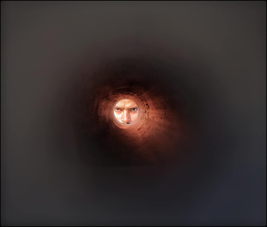 파이프, 튜브, 얼굴, 인간의, 사람, 눈, 보기, 빛, 터널