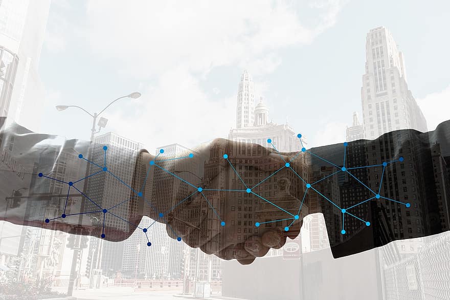 Handshake, Business Deal, Digitization, Transformation, Contract, Shaking Hands, Negotiation, Business People, Collaboration, Connection, skyscraper