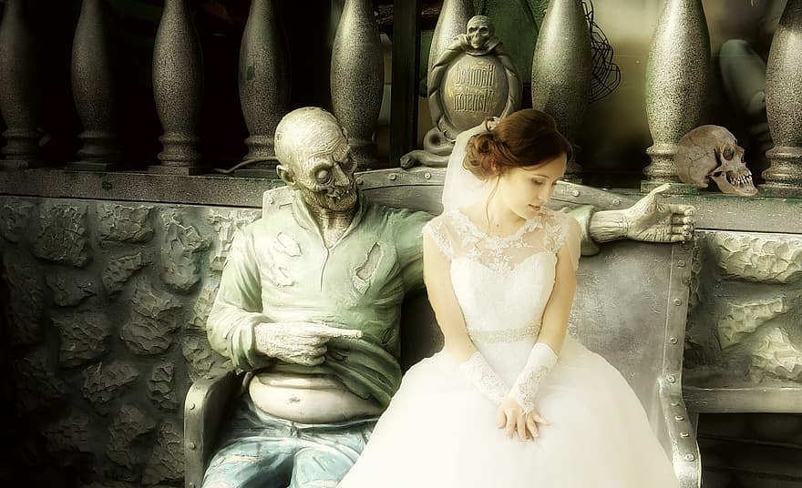 fantasia, sposa, zombie, spaventoso, giovane