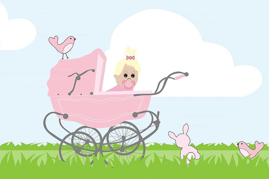 baba, kislány, új, születés, közlemény, baba zuhany, rózsaszín, aranyos, szeszélyes, babakocsi, sétáló