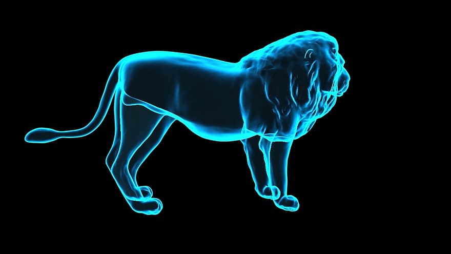 Ologramma del leone, Illustrazione 3D, Oggetto 3d, Rendering 3D, animale, ologramma, blu, Oggetto blu, cinematico, concetto, Oggetto concettuale
