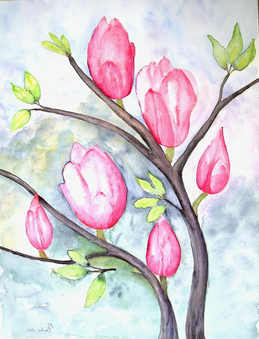 magnolia, bloemen, schilderij, beeld, kunst, verf, kleur, artistiek, afbeelding schilderij, kunstenaars, samenstelling