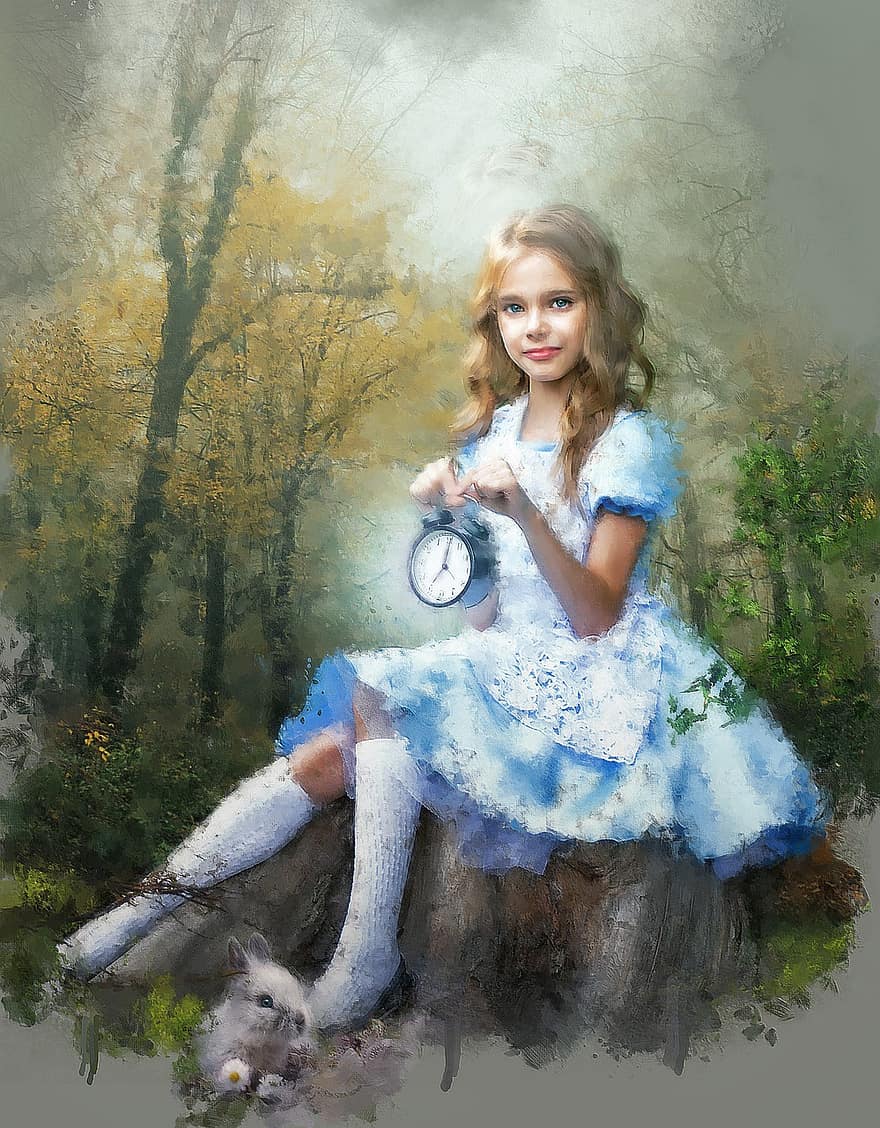 liten flicka, målning, Alice i Underlandet, skog, blond, stubbe, träd, natur, fantasi, saga, söt