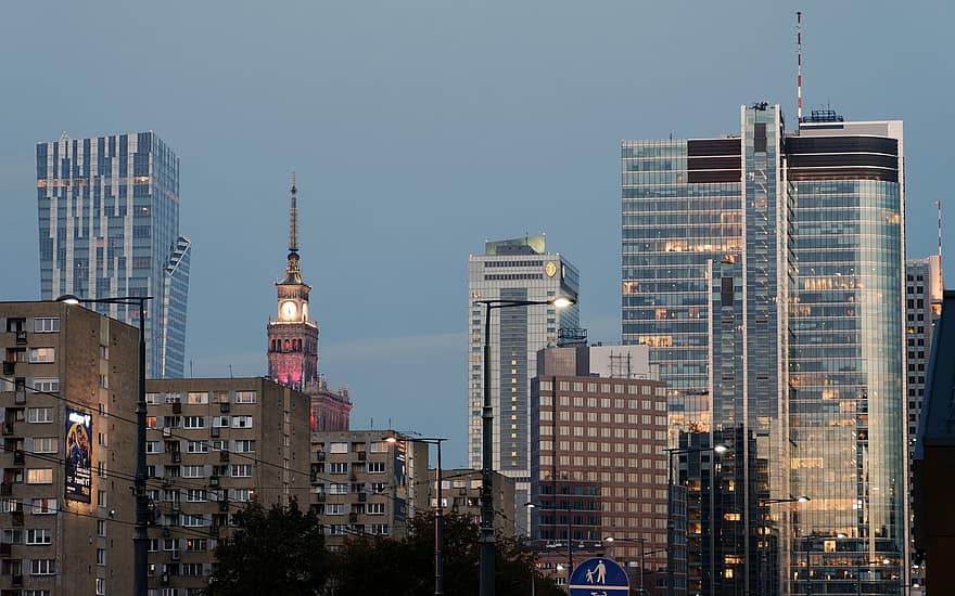bygninger, kveld, sentrum, arkitektur, Urban, by, Warszawa, skyskraper, bybildet, bygge eksteriør, urban skyline