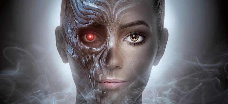 fantasi, android, terminator, secara biomekanis, menghadapi, wanita, mesin, meneruskan, teknologi, futuristik, cyborg