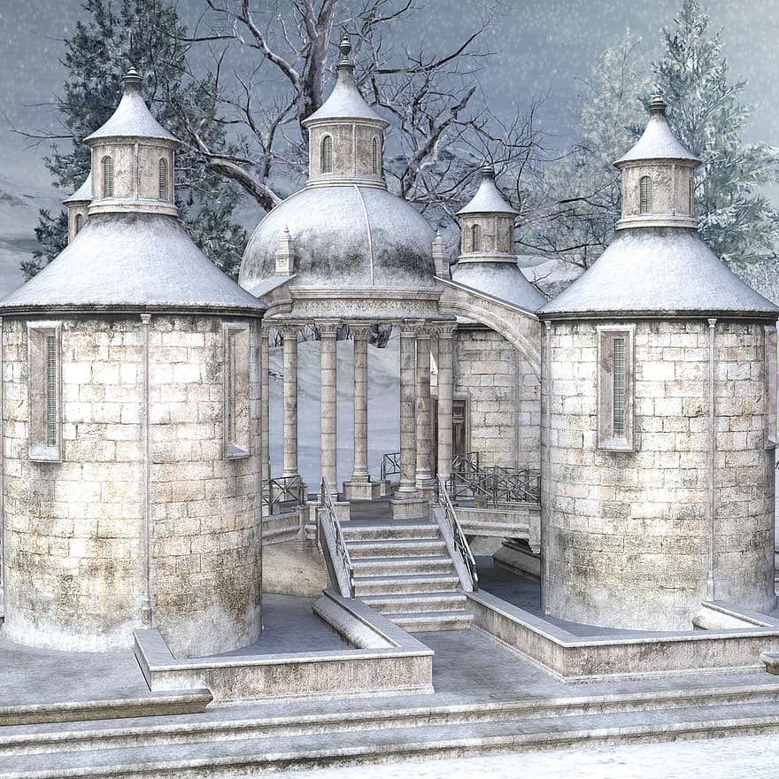 zimní, budova, architektura, světlo, fantazie, sníh, zasněžený, středověk