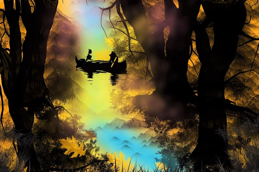 Forest, Boat, Water, Landscape, Nature, Painted