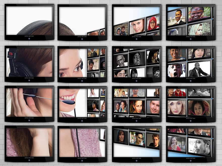 monitor, monitor de la paret, pantalla gran, suport, dona, auriculars, comunicació, personal, humà, paret de vídeo, paret