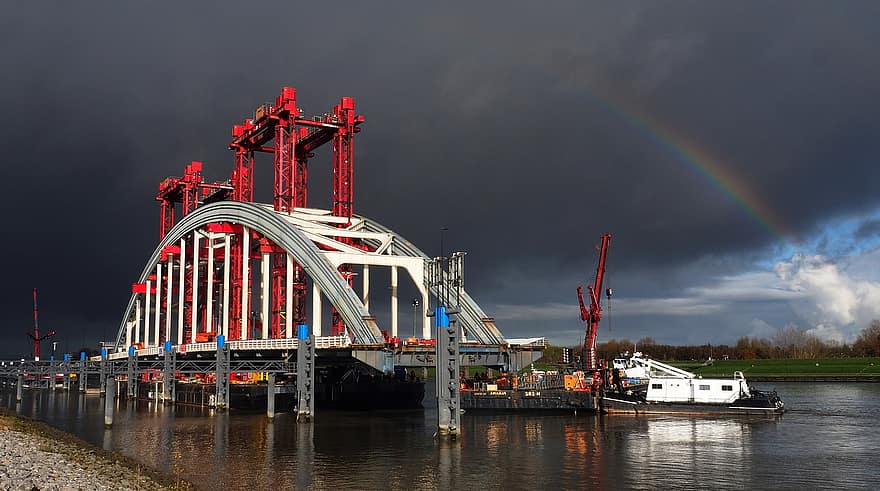 ponte, rio, arco Iris, ponte em arco, outono, Nuvens de chuva, demolição, agua, embarcação náutica, transporte, noite