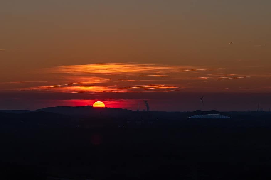 Horisontobservatorium, solnedgang, Tyskland, horisont, landskab, Recklinghausen, ruhr område, tusmørke, Herten, skumring, sol