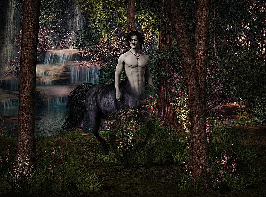 kentaur, vízesés, ló, fantázia, erdő, férfi
