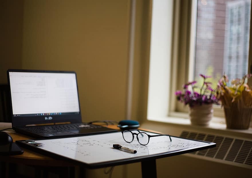 Study, School, College, Nyc, Apartment, Glasses, Plants, office, indoors, computer, table
