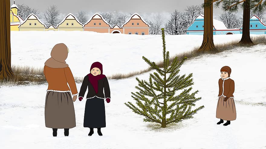 niños, invierno, nieve, chicas, los niños, jugar, al aire libre, frío, árbol, vector, ilustración