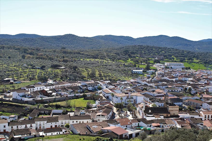 puebló, cala, huelva, andalúzia, paisaje, casas, aldea, tető, légi felvétel, városkép, nyári