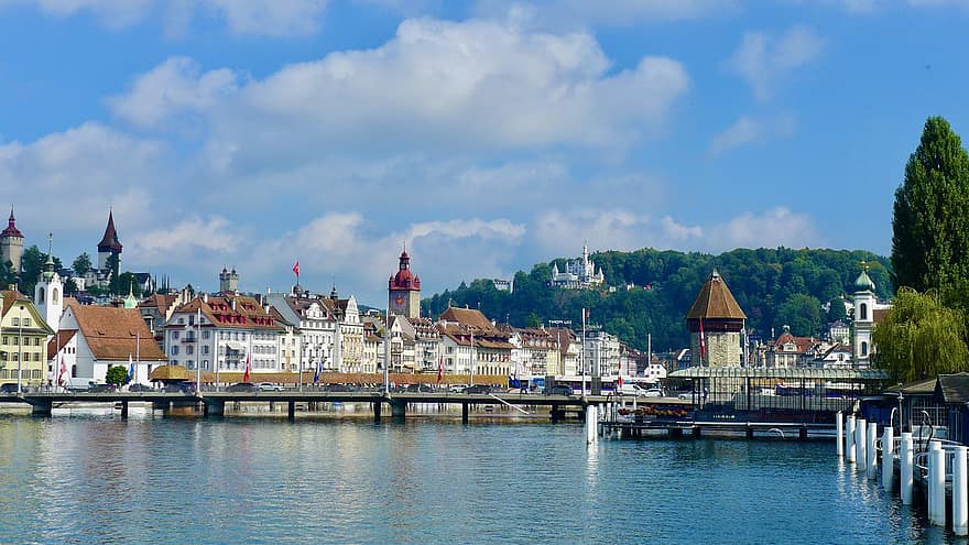 lucerne, Schweiz, sø, by, bygninger, rejse, turisme, himmel, berømte sted, arkitektur, vand