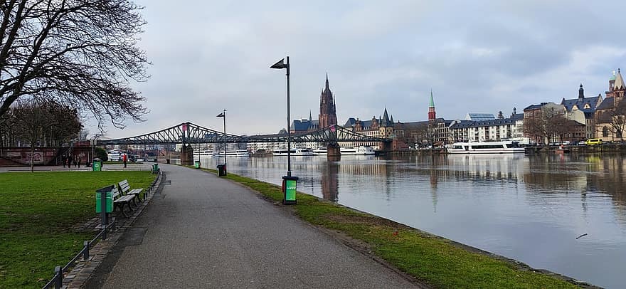híd, folyó, épületek, város, Karácsony, köd, fa, tájkép, Frankfurt, Németország, felhőkarcoló
