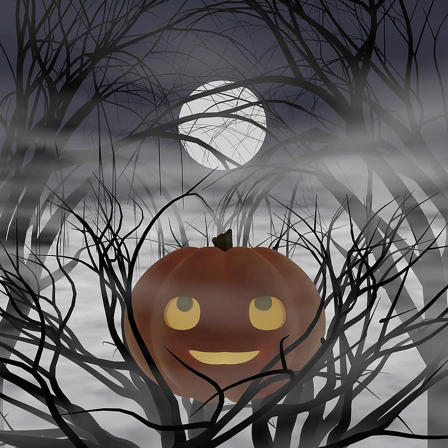pompoen, halloween, mist, gelukkig, maan, nacht, takken, illustratie, vector, spookachtig, herfst