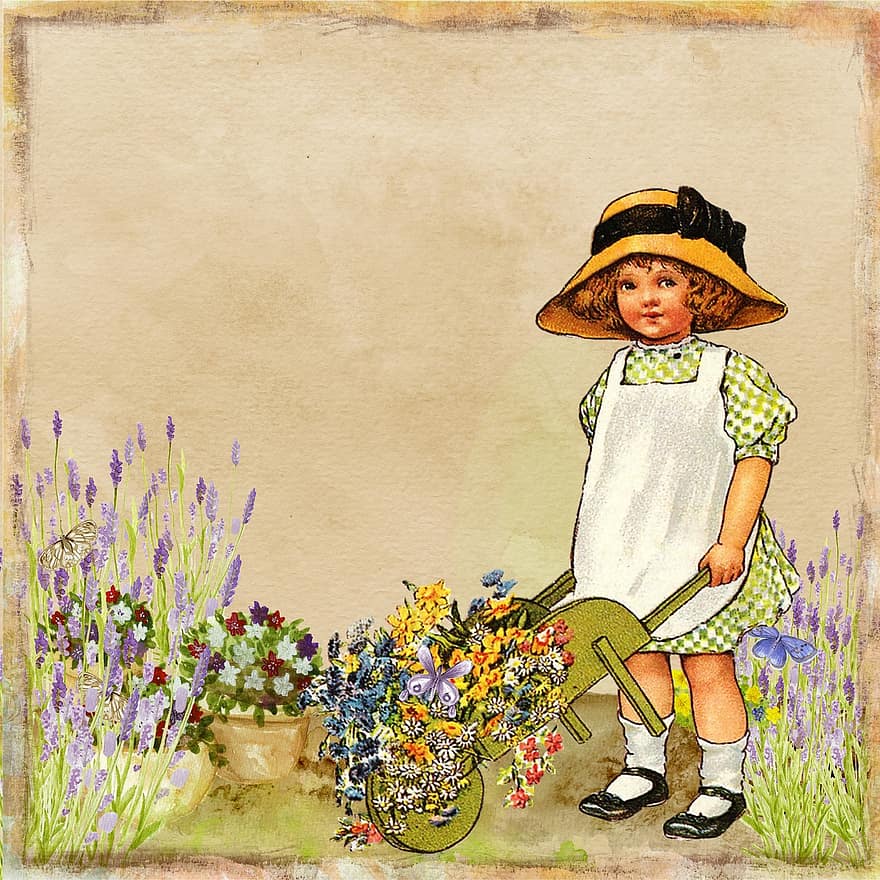 цвете, градина, реколта, колаж, изкуство, акварел, малко, момиче, млад, дете, ръчна количка