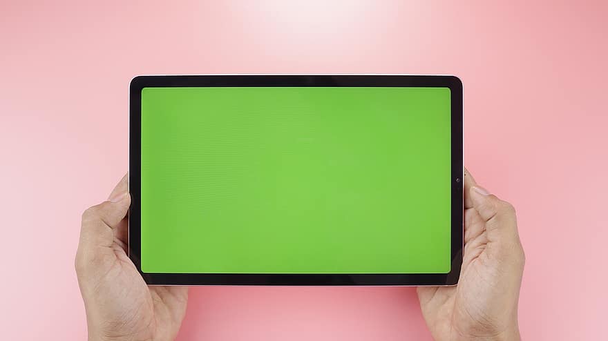 tabletta, kijelző, képernyő, zöld képernyő, kezek
