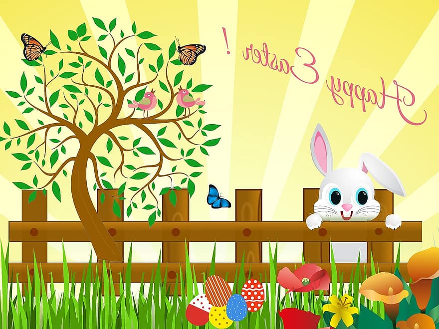 húsvéti, fesztivál, nyúl, tavaszi, tojás, lepkék, fa