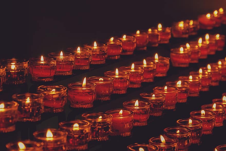 Luces de té, velas, llama, luz de una vela, iluminación, velas de té, luces de sacrificio, religión, Iglesia, oración, fe