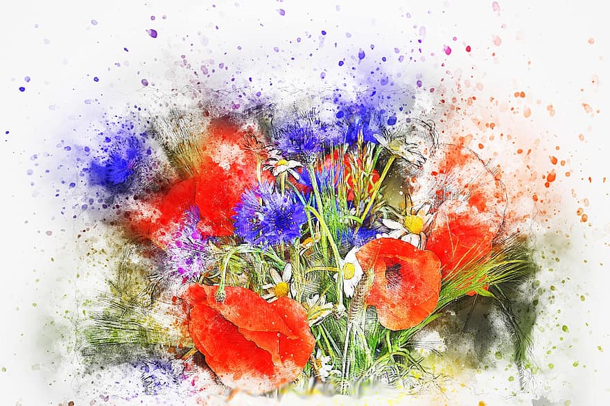 Flower, Bouquet, Poppy, Art, Abstract, Watercolor, Vintage, Nature, Romantic, Emotion, Artistic