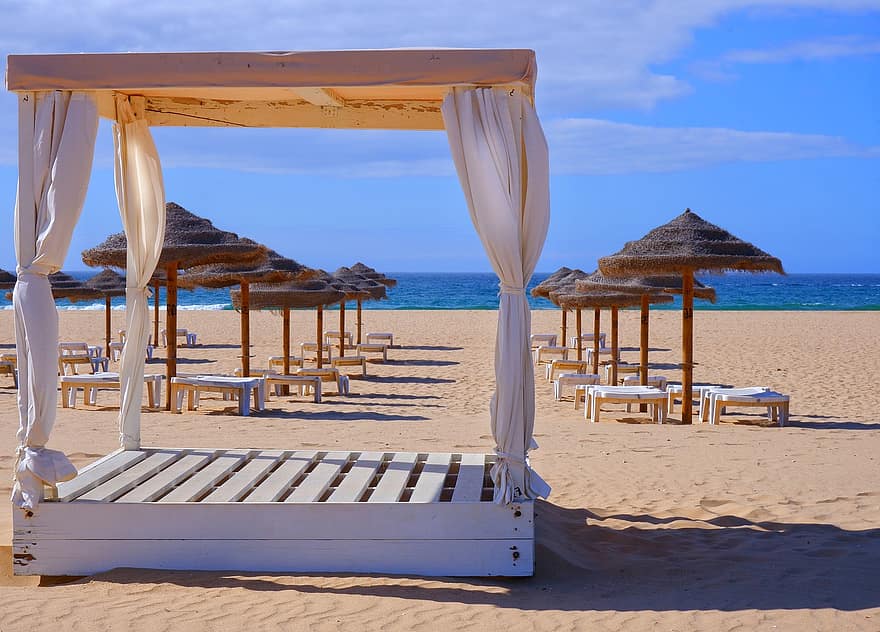 gazebo, sabbia, spiaggia, gli ombrelli, sedie a sdraio, costa, riva del mare, tenda, baldacchino, mare, oceano