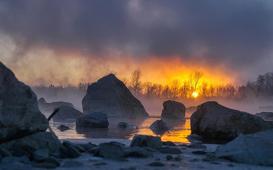 rivier-, zonsondergang, rotsen, winter, schemer, schemering, natuur, buitenshuis, mist, Siberië, Rusland