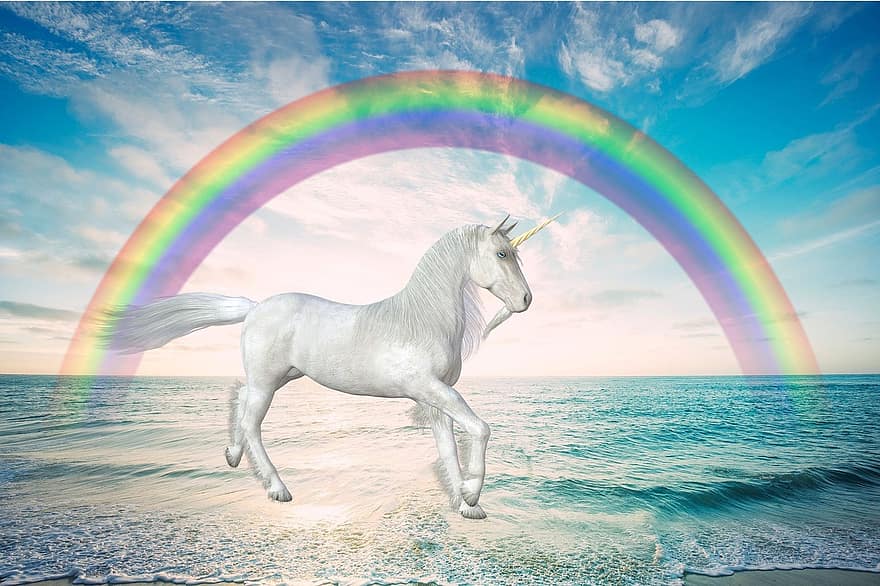 unicorn, criatura mítica, fantasia, mar, arc de Sant Martí, naturalesa, núvols, aigua, estiu, cavall, posta de sol