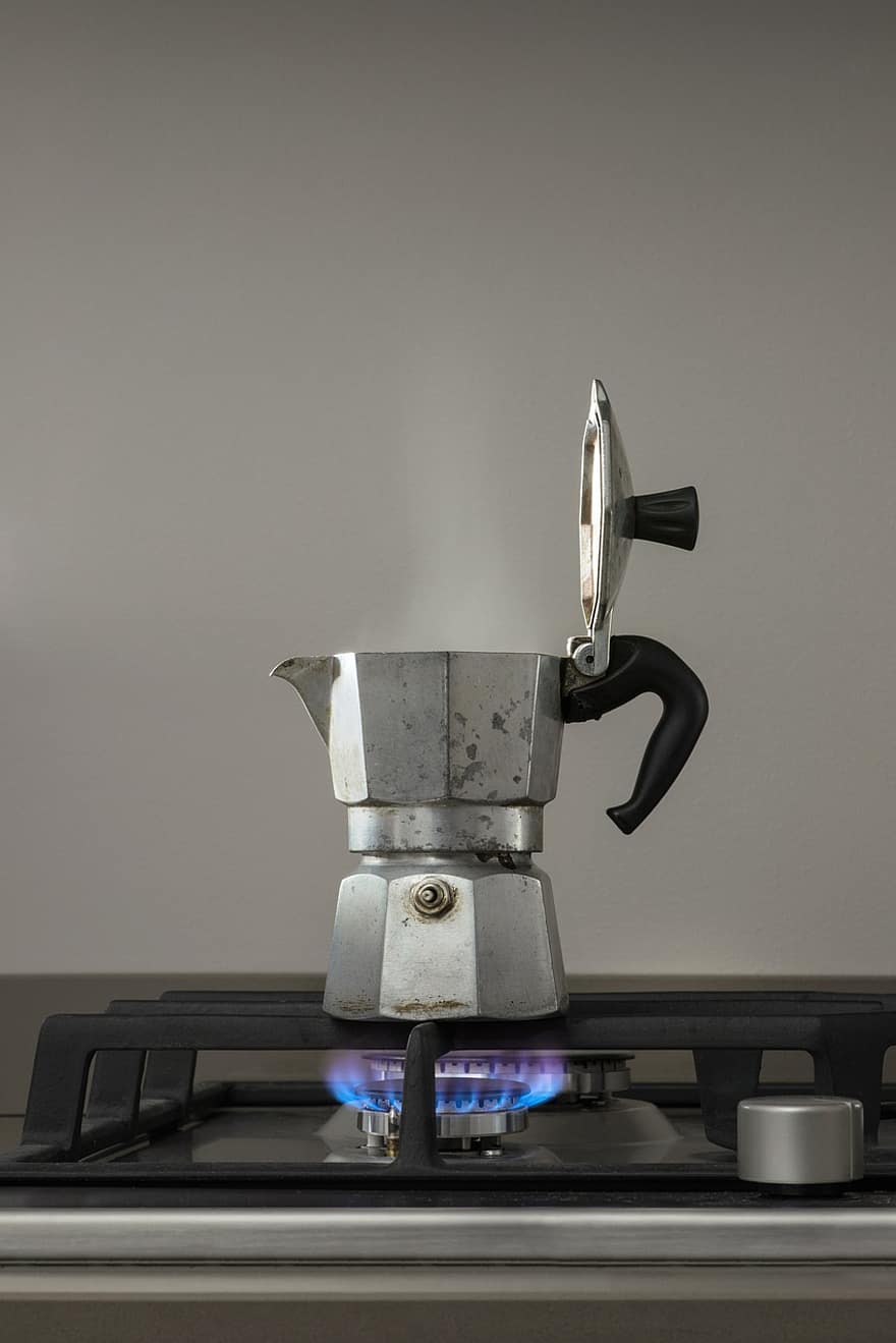 Coador de café, fogão, chama, café, pote de café, máquina de café, fogão a gás, vintage