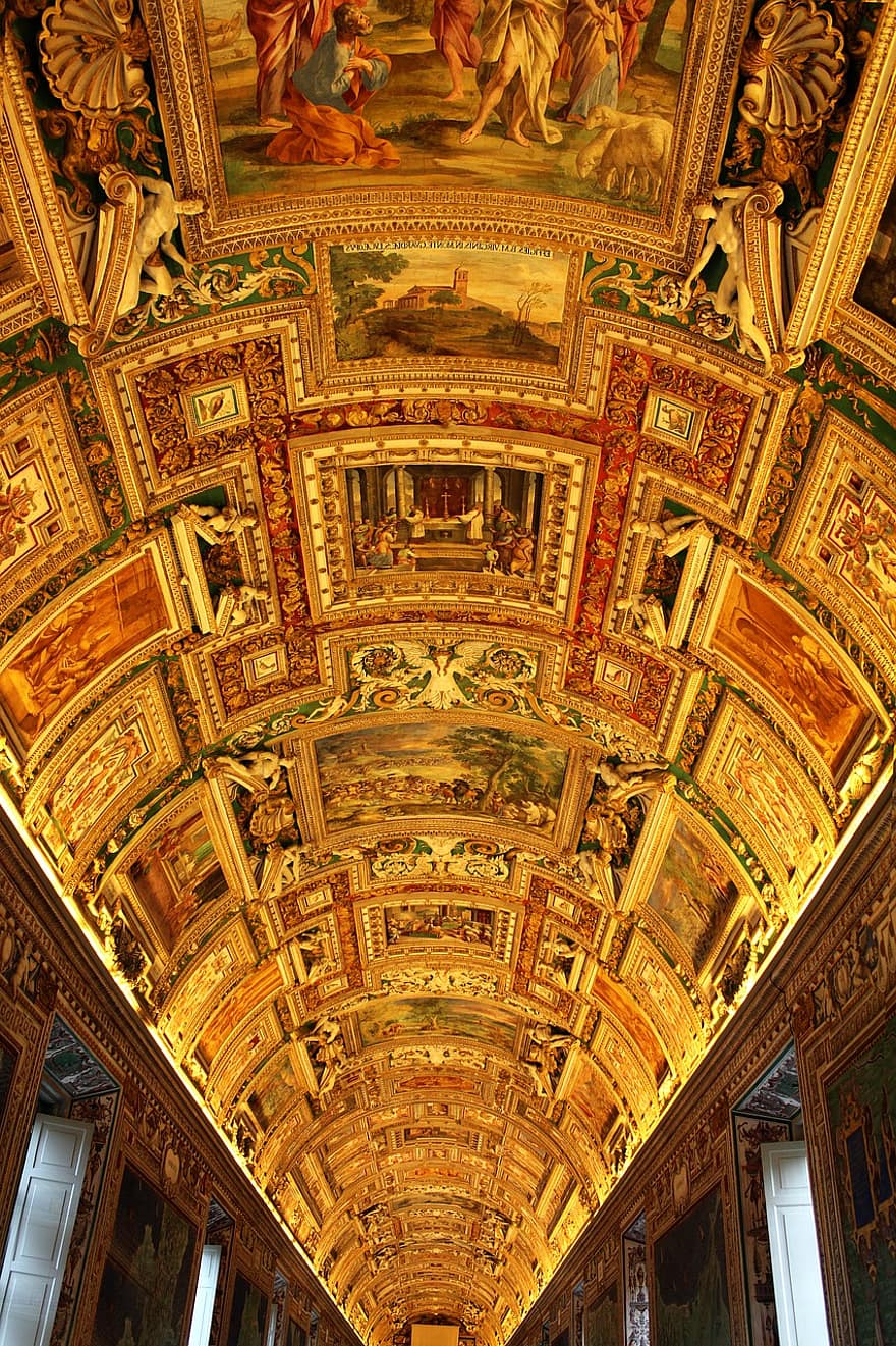 ローマ、フレスコ天井、教会、バチカン、天井、イタリア