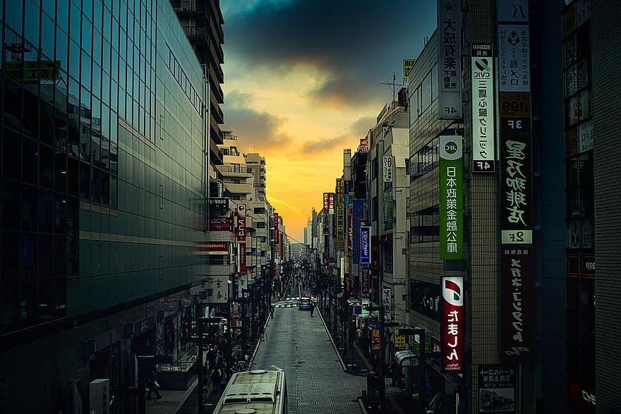 シティ、都市、通り、歩行者、建築、イブニング、日没、東京、日本