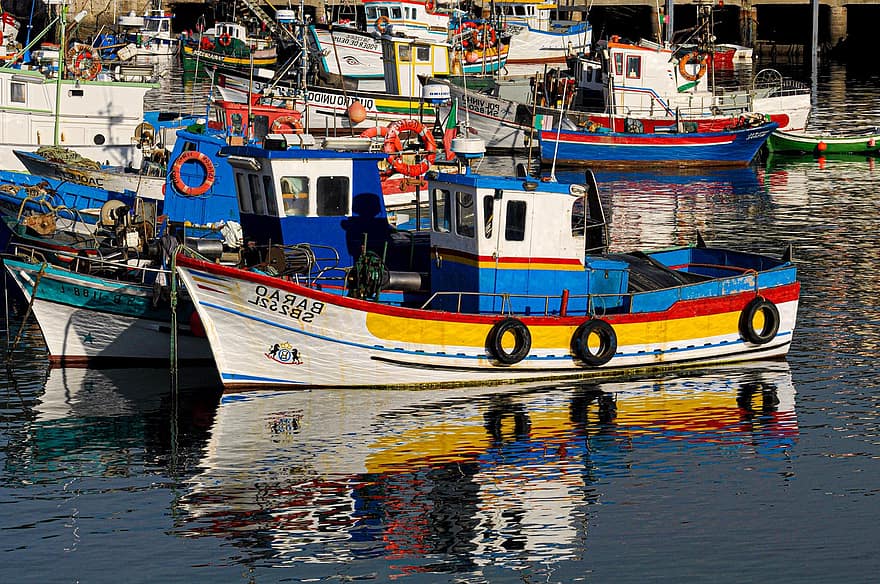 botes de pesca, Puerto, mar, bahía, Oceano, agua, puerto, barcos, pescador, reflexión, sesimbra