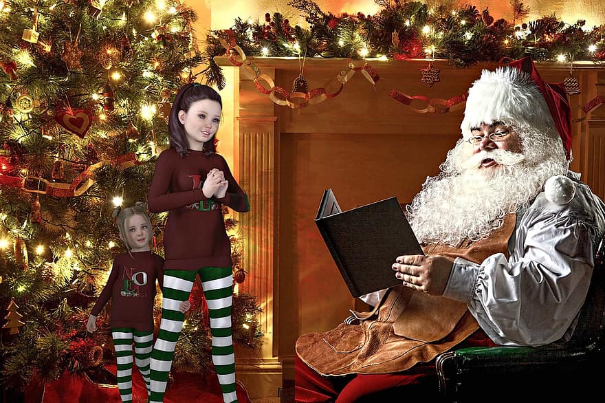 фантазія, Санта Клаус, діти, дівчаток, маленькі дівчатка, сестри, читати книгу, книга оповідань, розповідання історій, казкар, Різдвяна ялинка