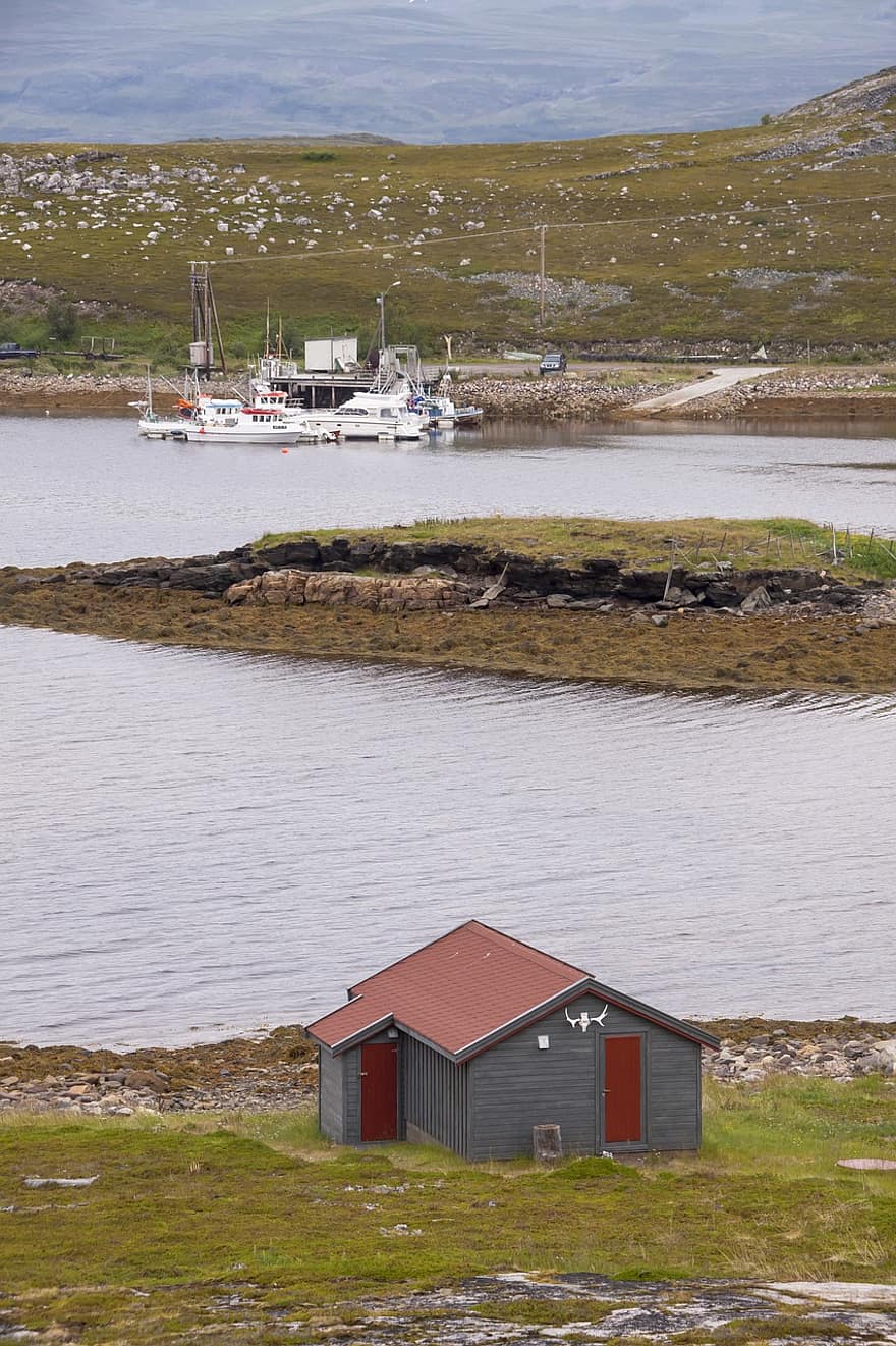 casa, mar, Noruega, isla, arrastrero de pesca, barco de jabeguero, barco pesquero, Laponia