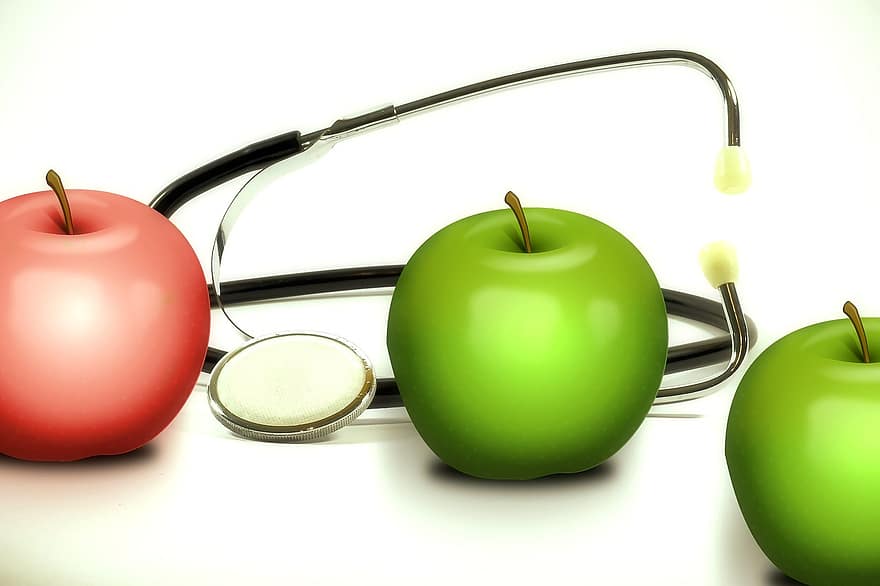 jablko, lékařský, stetoskop, test, pryž, léčba, nástroj, puls, sterilní, poslouchat, důchod