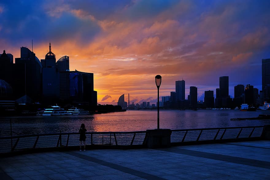上海、バンド、日の出、建築、現代の、シティ、黄浦江、sunet、高層ビル、街並み、建物