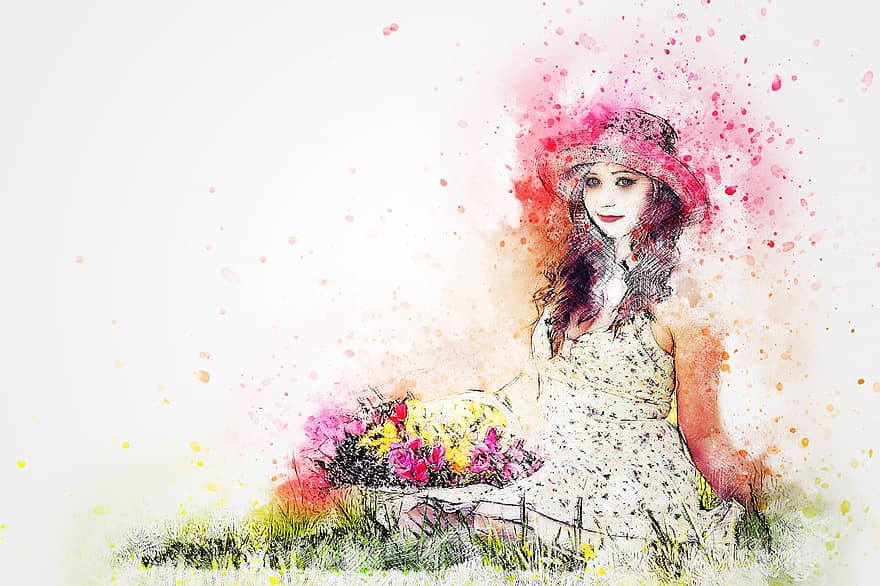 Girl, Sitting, Hat, Art, Nature, Abstract, Watercolor, Vintage, Beauty, Spring, Romantic