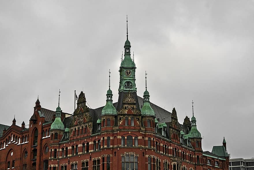 Hamburg, Speicherstadtrathaus, architektura, město, budova, fasáda, prohlížení památek, historické místo, zatažený, zatažený den, slavné místo