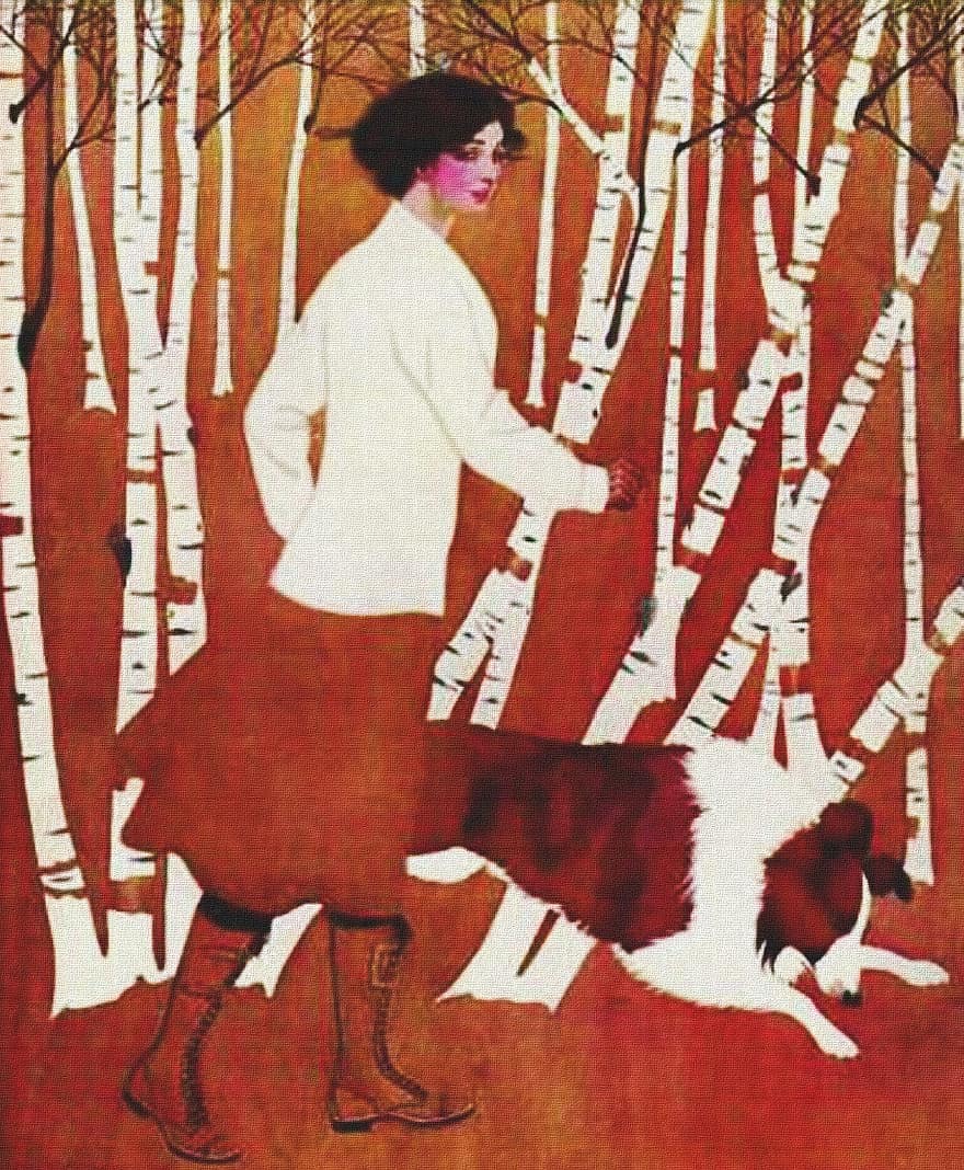 Vintage, Painting, Lady, Woman, Woods, Dog, Art, Work, Abstract, Trees, Red
