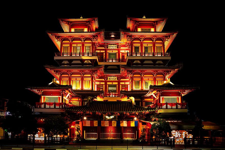 храм, китайска архитектура, нощ, пагода, вечер, религия, фасада, архитектура, известното място, осветен, култури
