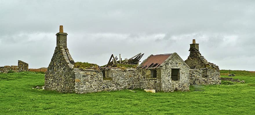 家、廃墟、石、農家、農村、田舎、放棄された、老朽化した、古い、フィールド、田園風景