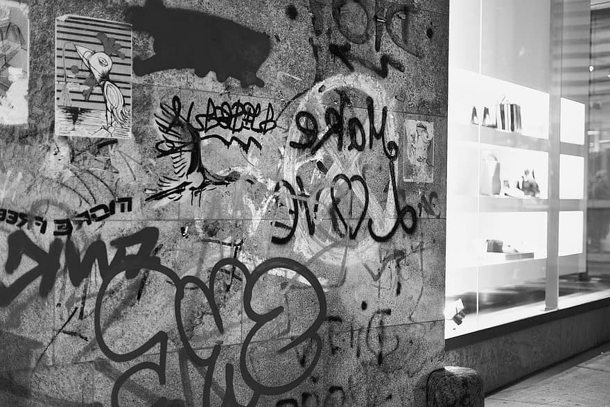 graffiti, kunst, monochroom, stedelijk, stad, zwart en wit, muur, bouwfunctie, architectuur, opleiding, ontwerp