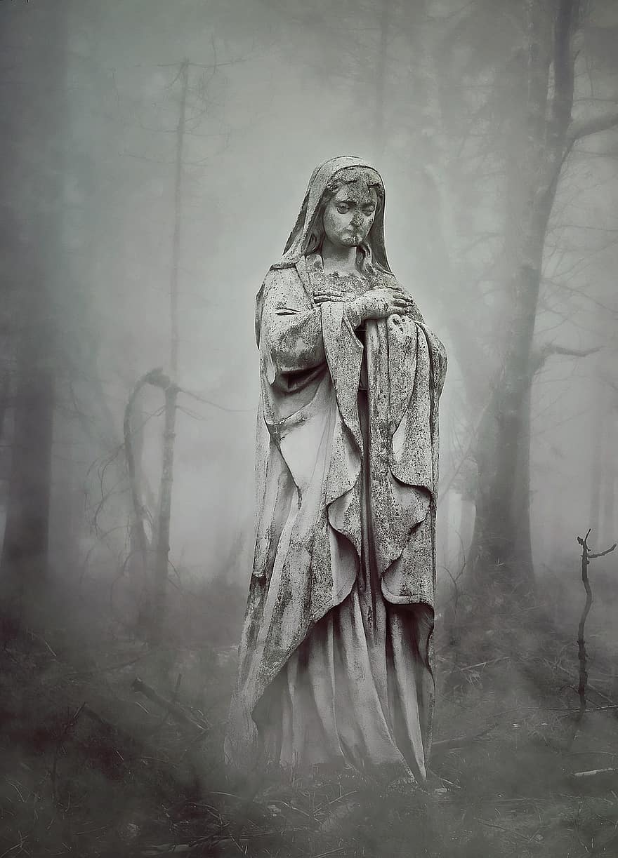 мати Марія, скульптура, статуя, пам'ятник, християнство, туман, старий, загадковий, цвинтар