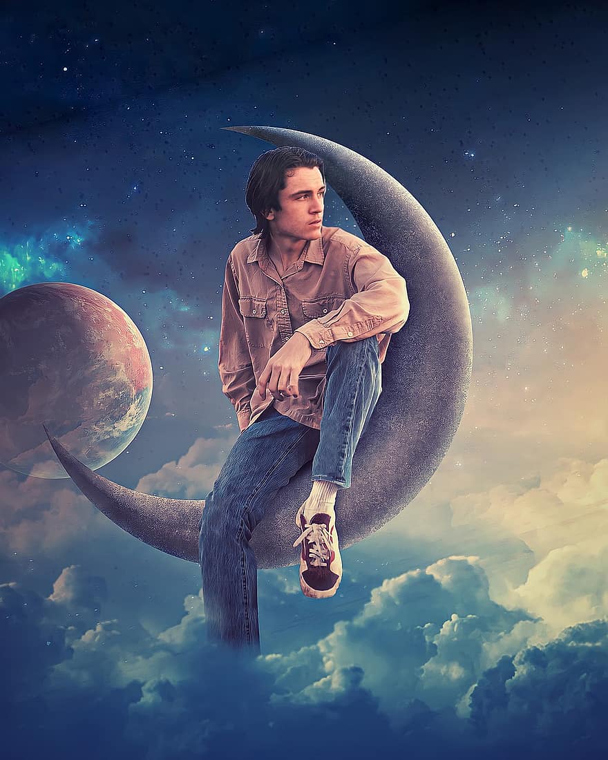 Mann, måne, fantasi, Halvmåne, flytende, bygning, planet, sitte, sitter, surrealistisk, foto manipulasjon
